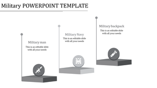 Infographic with three gray platforms featuring circles, vertical lines, and a simple military inspired design.