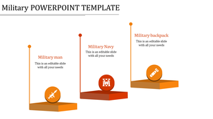 Illustrative military PowerPoint template featuring icons for soldier, navy, and backpack on orange platforms.