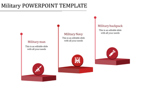 Three red platforms with vertical lines featuring circular icons and military themed design on a white background.