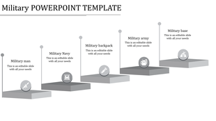 Five step military in grayscale showing icons for military man, navy, backpack, army, and base on tiered platforms.