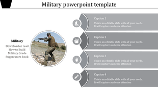 Military themed PowerPoint template featuring a soldier with four sections for captions and icons.