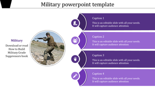 Military slide with circular soldier image aiming with his missile and purple caption area boxes.