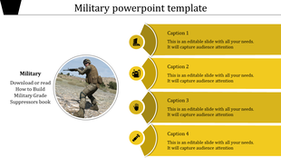 A military themed PowerPoint template with a soldier image and four yellow caption sections, each with related icons.