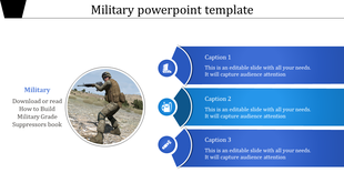 Military themed slide with a soldier image on the left and three blue gradient captions with icons on the right.