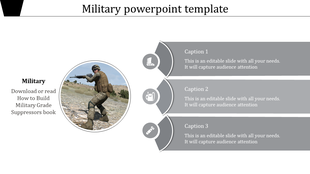 Military template featuring a circular image of a soldier aiming a rifle, with three gray captions and icons on the right.