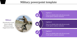 A military themed PowerPoint template featuring a soldier with a rifle and three purple sections with captions and icons.