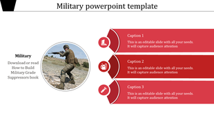 Military slide with an image of a soldier aiming a rifle, with red text boxes with captions on the right.