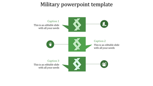 A military themed PPT featuring three sections with green icons, including a hand, boot, and equipment, with captions.