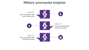 A military themed PPT featuring three sections with purple icons, including a hand, boot, and equipment, with captions.