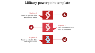 Military slide featuring three stacked red sections with arrows and connected icons, labeled with captions.