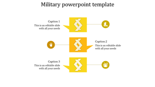 Vertical process diagram template with yellow elements connected to military symbols for a stepwise layout.