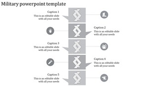 A PPT slide with five captions for a military presentation, each with an associated gray icon and placeholder text.