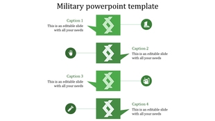 A military themed PPT slide with four sections, each with a green icon representing topics with captions and text area.
