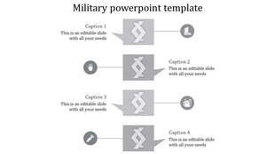 Gray military template with four zigzag panels and circular icons for captions areas placed in white background.