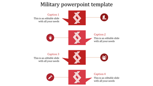A military themed PPT slide with four sections, each with a red icon representing topics with captions and text area.