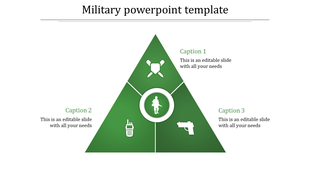 Military PowerPoint slide with a green triangular design and icons for defense, communication, and combat with captions.