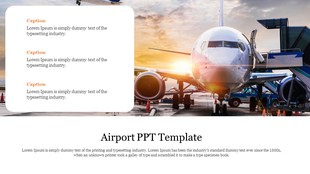 Sunset airport scene with an airplane, boarding equipment, and text boxes on the left in a white overlay.