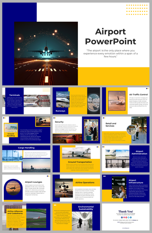 Airport slides featuring an inspiring quote about airports and striking images of an airplane with text descriptions.