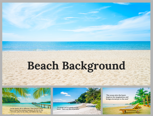 Slide deck with beach scenes, showing sandy shores, ocean views, palm trees, and inspirational quotes.