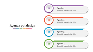 Agenda slide with four numbered sections in purple, orange, blue, and green, each with caption areas.