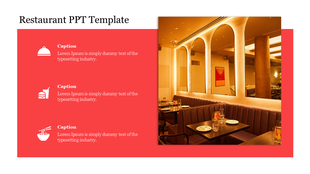 Restaurant PowerPoint template with an image of a dining area and icons representing food service categories.