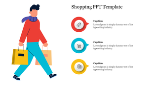 Shopping slide with a person carrying bags on the left and three circular icons with captions on the right.