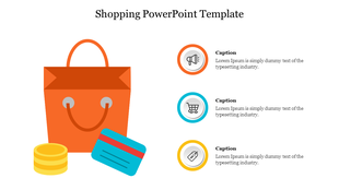 Shopping PowerPoint slide featuring an orange shopping bag, credit card, and coins with icons for shopping related actions.