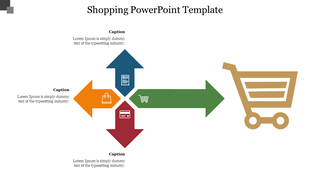Slide featuring a gold shopping cart on the right and four directional arrows in blue, orange, red, and green with captions.