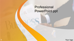 Professional template with an orange wave design overlaid on a blurred business background.