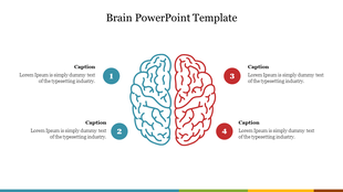 Slide with an outline of the brain divided into blue and red halves, surrounded by four numbered captions.