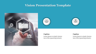 Vision themed slide with a hexagonal digital interface on the left and two circular icons with captions areas.