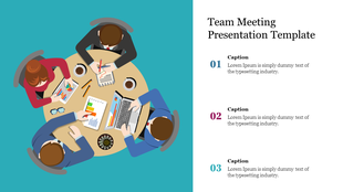 Overhead view of a collaborative team meeting at a round table with documents, laptops, and coffee, with captions areas.