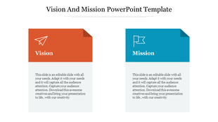 Vision and mission boxes side by side, with red and blue headers, featuring icons of a paper plane and flag.