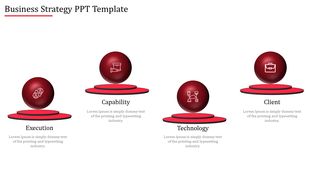 Business strategy design with glossy red spheres on platforms, featuring icons for gears, hand, network, and briefcase.