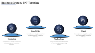 Business slide showing four labeled dark spheres with icons, arranged horizontally on blue platforms.