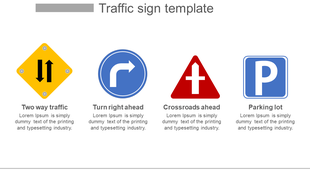 Traffic sign PowerPoint template displaying symbols for two way traffic, turn right, crossroads, and parking lot.