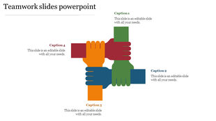 Illustration of four colorful hands interlocking, symbolizing teamwork, with  placeholders text surrounding the image.