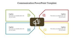 PowerPoint slide featuring icons for different communication methods, with placeholders for captions in a grid layout.