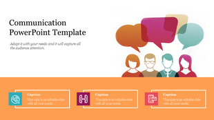 Communication-themed slide with a group of people and overlapping speech bubbles, featuring three icons and captions arteas.
