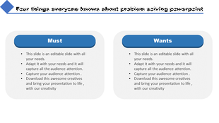 PowerPoint slide showing two sections Must and Wants with bullet points for problem solving tasks.