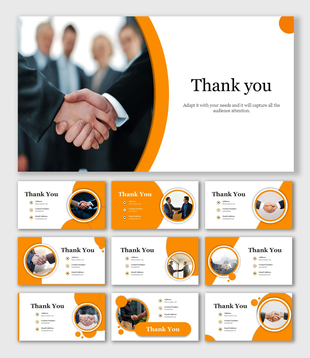 Thank you slide with a handshake between two business professionals on a white and orange background with a title text.