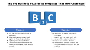 B2C infographic with blue 3D blocks and segmented business and customer text boxes below in blue banners.
