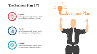 Business plan slide featuring an illustrated figure celebrating with raised arms and light bulb, with three captions.
