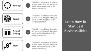 Business themed slide with four labeled icons and detailed descriptions aligned vertically, emphasizing structured goals.