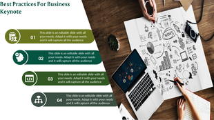 Business keynote slide with sections for strategy, analysis, coding, and organization, overlaid on a creative workspace.