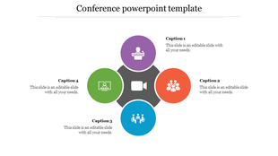 Conference slide with a central video icon surrounded by four colored circles featuring caption areas. 