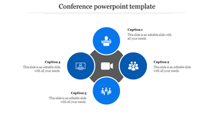 Conference themed PowerPoint slide with four blue icons surrounding a camera, each representing a different aspect.