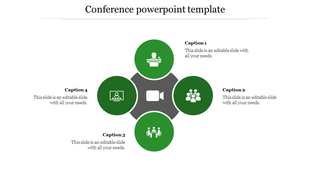 Conference template showing four circles linked to a center circle depicting podium, camera, group, and table.