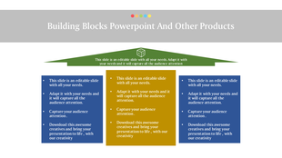 Building blocks-themed slide with three vertical sections in blue and yellow beneath a green triangular block header.