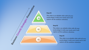 Three-step growth strategy infographic with a pyramid structure in orange, yellow, and  green, symbolizing progress.